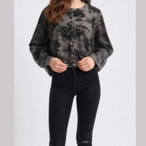 Vintage Green Florals Cottagecore Silky Velvet Button Front Shirt Top Size Large